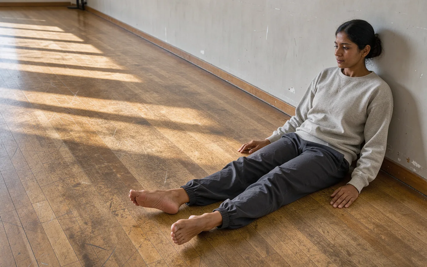 A dancer sits on a sprung studio floor with legs comfortably extended.