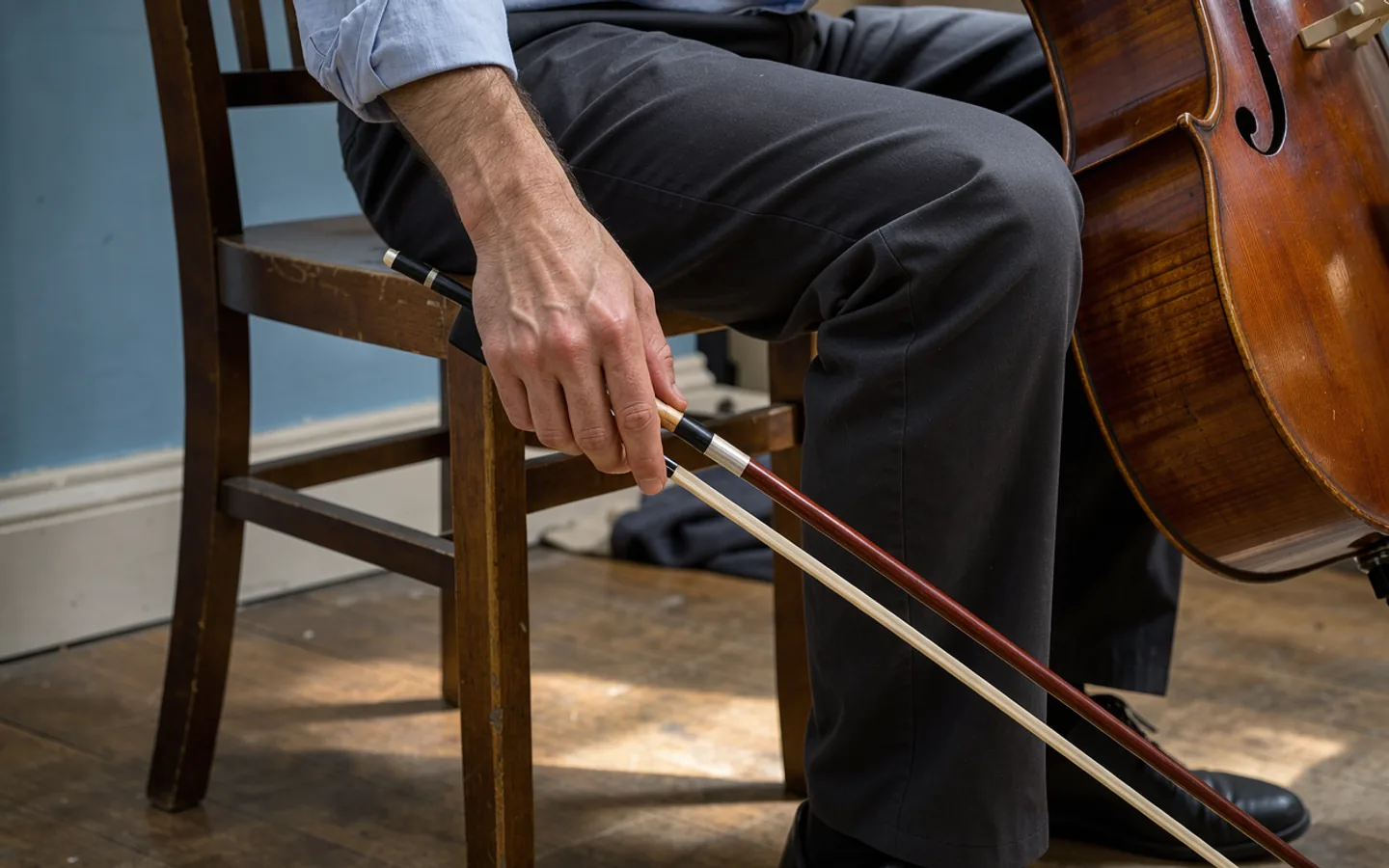 A seated musician's hand holds a lowered cello bow in a quiet backstage corner.