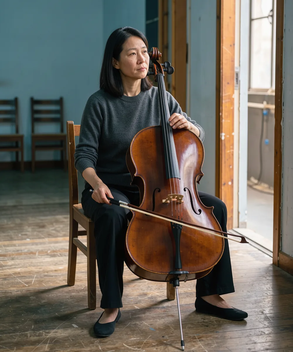 A cellist rests backstage with the instrument upright and bow lowered.