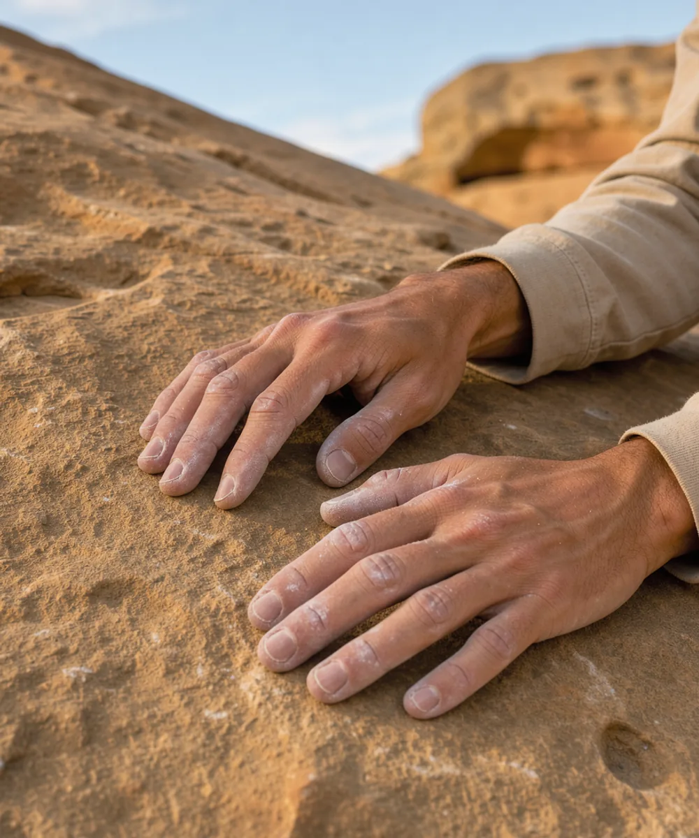 A climber's chalked hands rest loosely on a sun-warmed boulder.