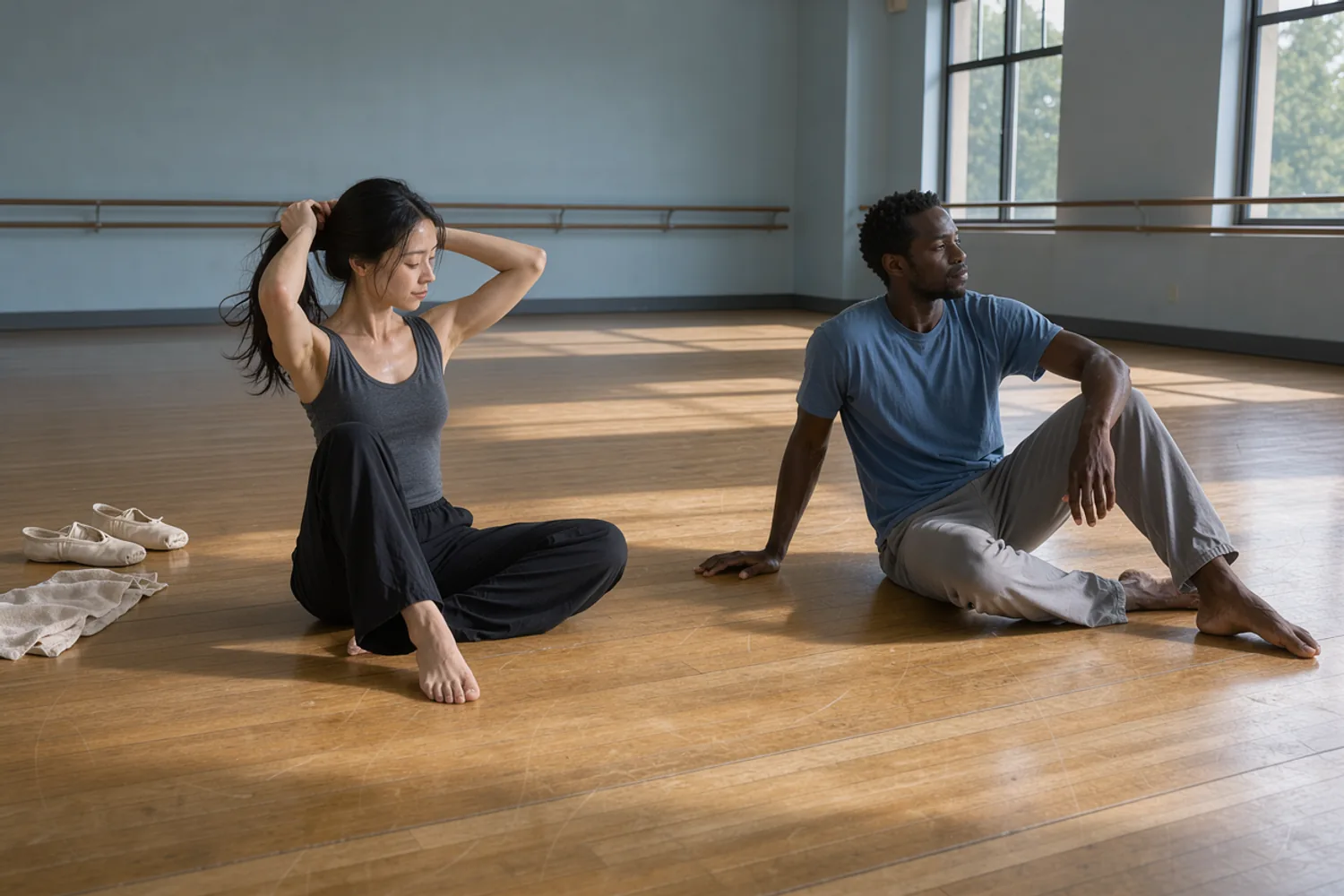 Two dancers sit apart on a sunlit wooden studio floor after rehearsal.