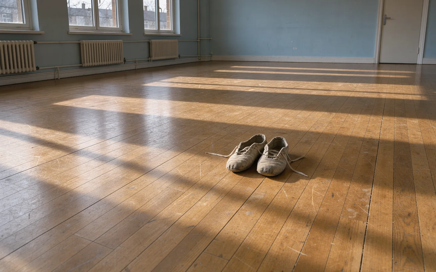 Late sunlight crosses an empty sprung studio floor with shoes set by the wall.