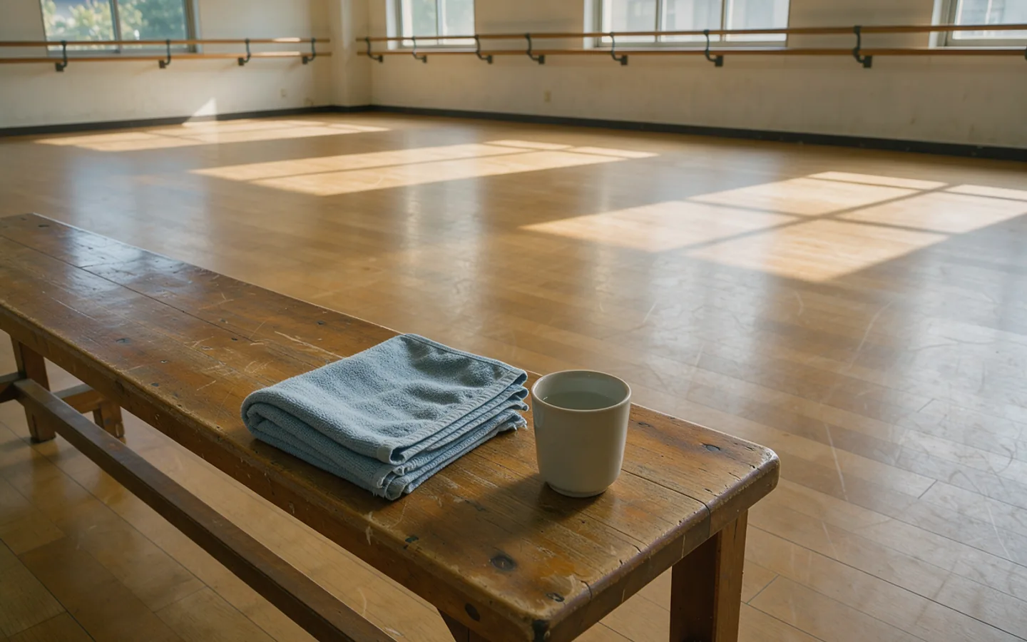 A folded blue towel and plain water cup sit on the end of a wooden bench.