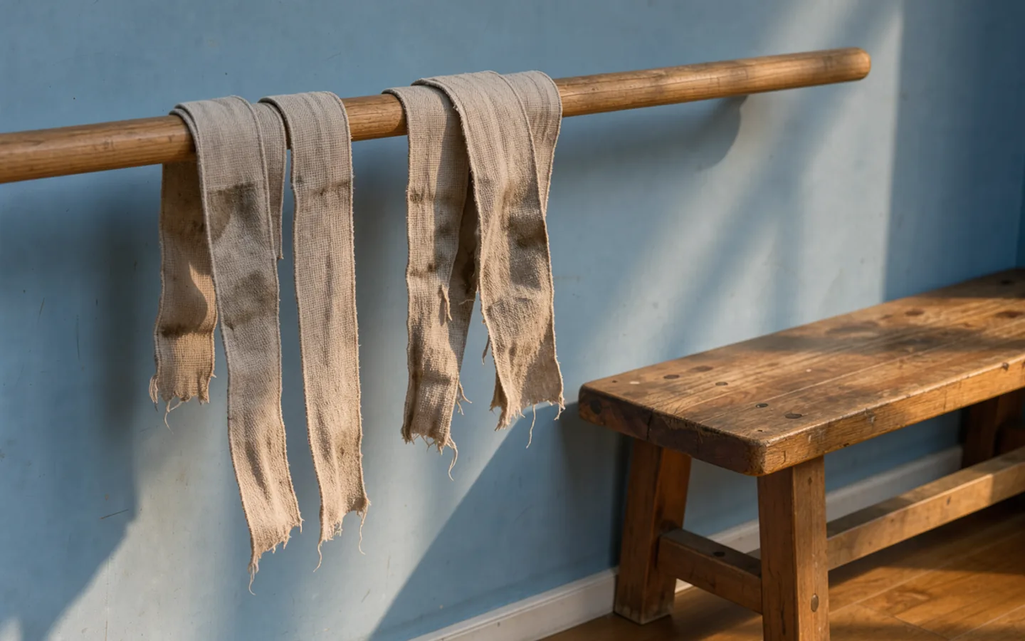Unmarked boxing hand wraps hang loosely to dry beside a wooden bench.