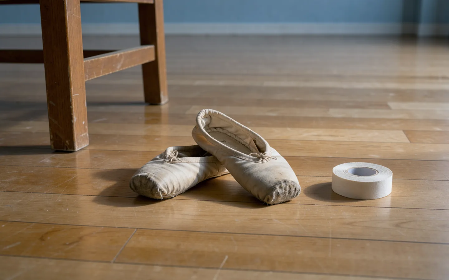 Worn ballet shoes and an unmarked roll of tape lie beside a studio bench.